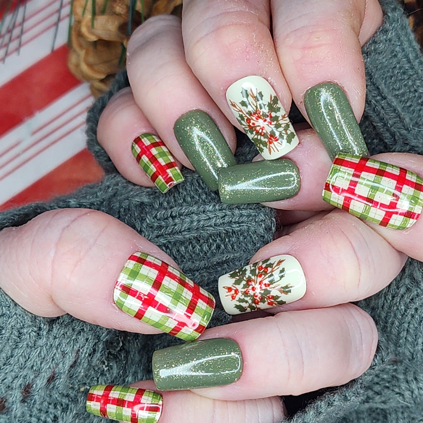 Plaid and Holly Nails