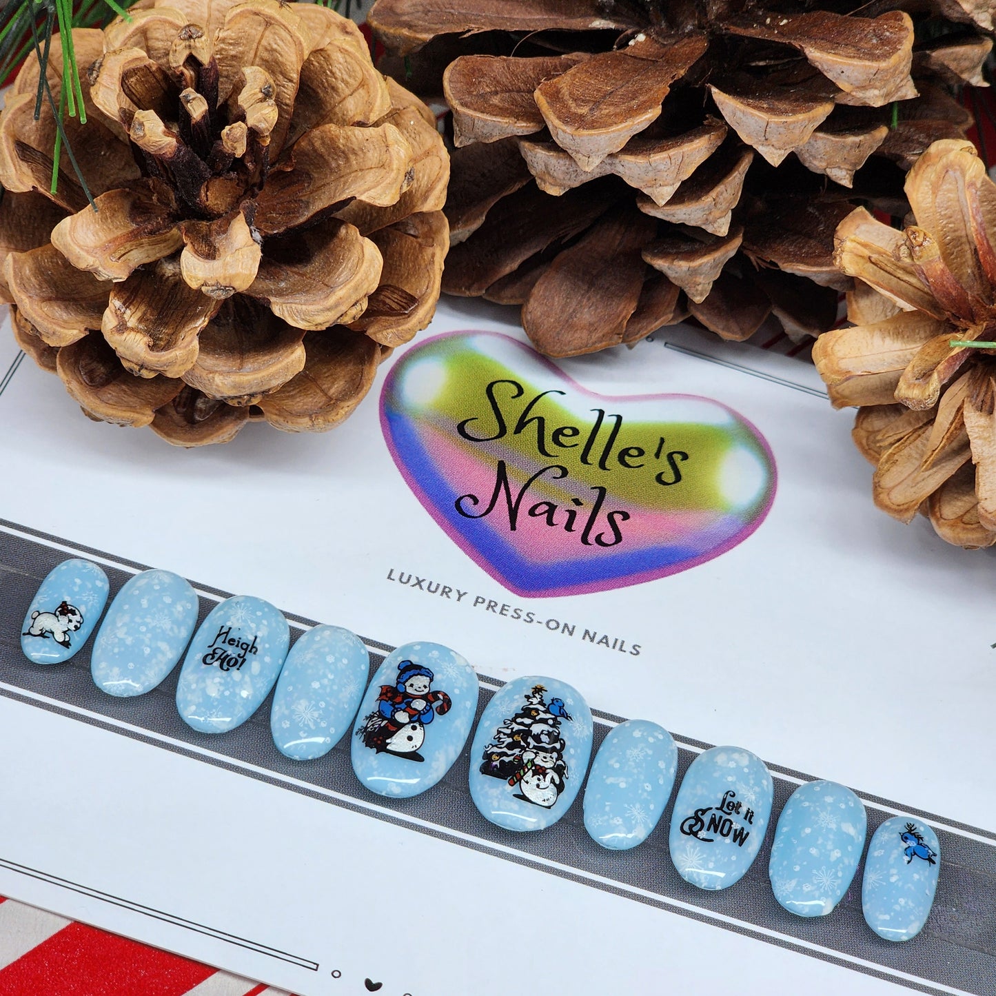 Winter Press-On nails, Delicate snowflakes, falling snow, vintage snowmen, Christmas tree, sky blue, white puppy and blue birds.